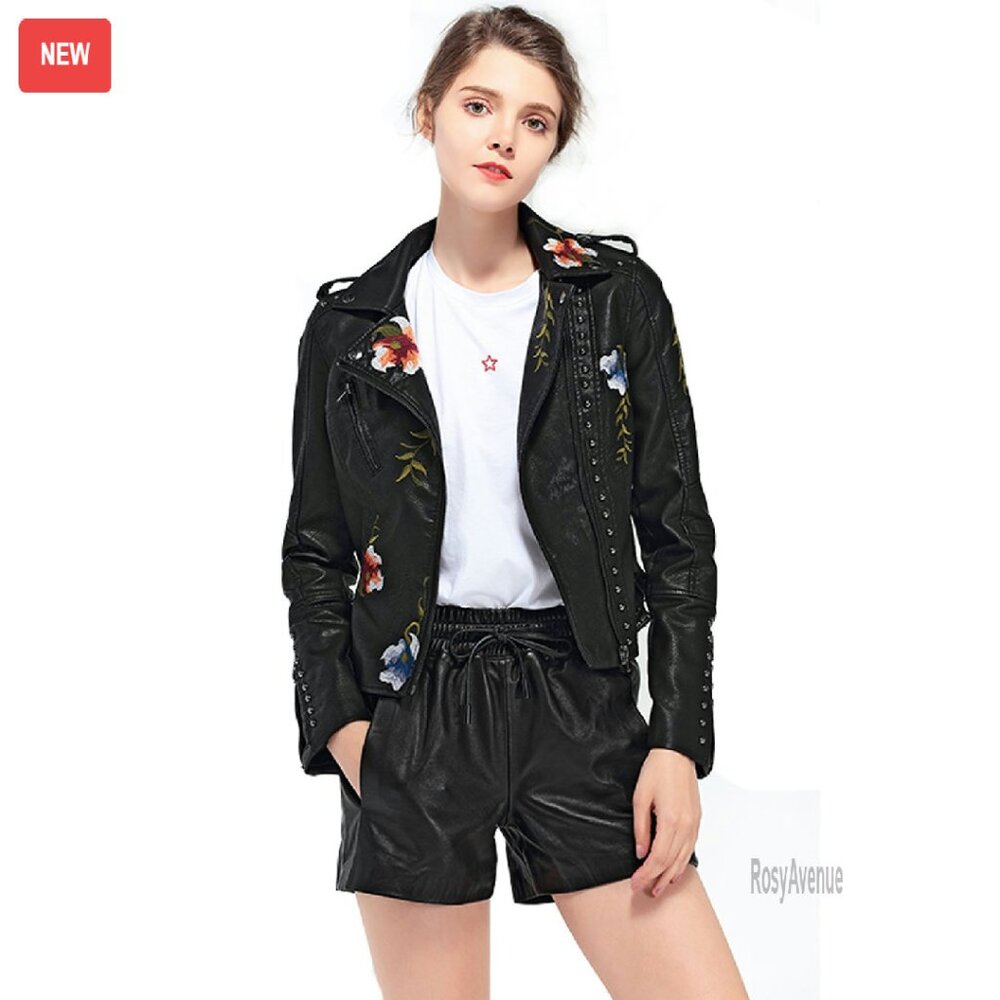 Faux Leather Moto Jacket With Floral Embroidery, Size S-M-L-Xl-Xxl